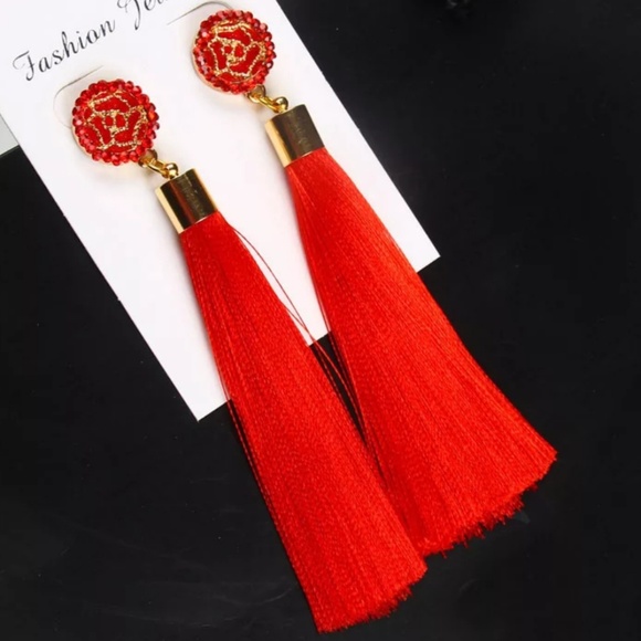 Long Fringe Tassel Statement Rhinestone Earrings - Picture 2 of 5